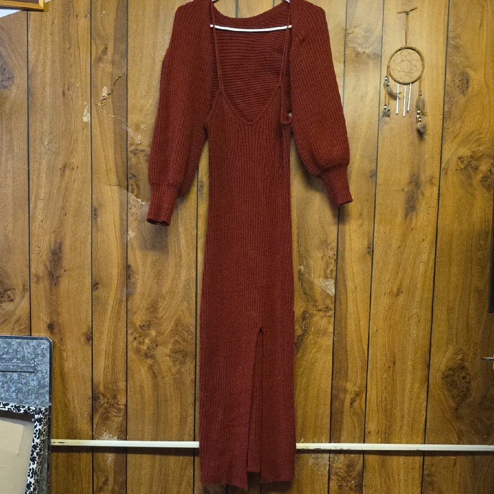 Burgandy Thin Strap Knit Dress With Long Sleeve Sweater